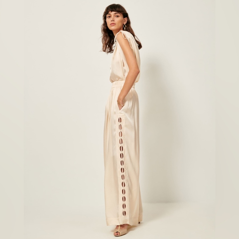 Sessun Chueca Wide Leg Open Work Satin Seersucker Pants in Shell - 38